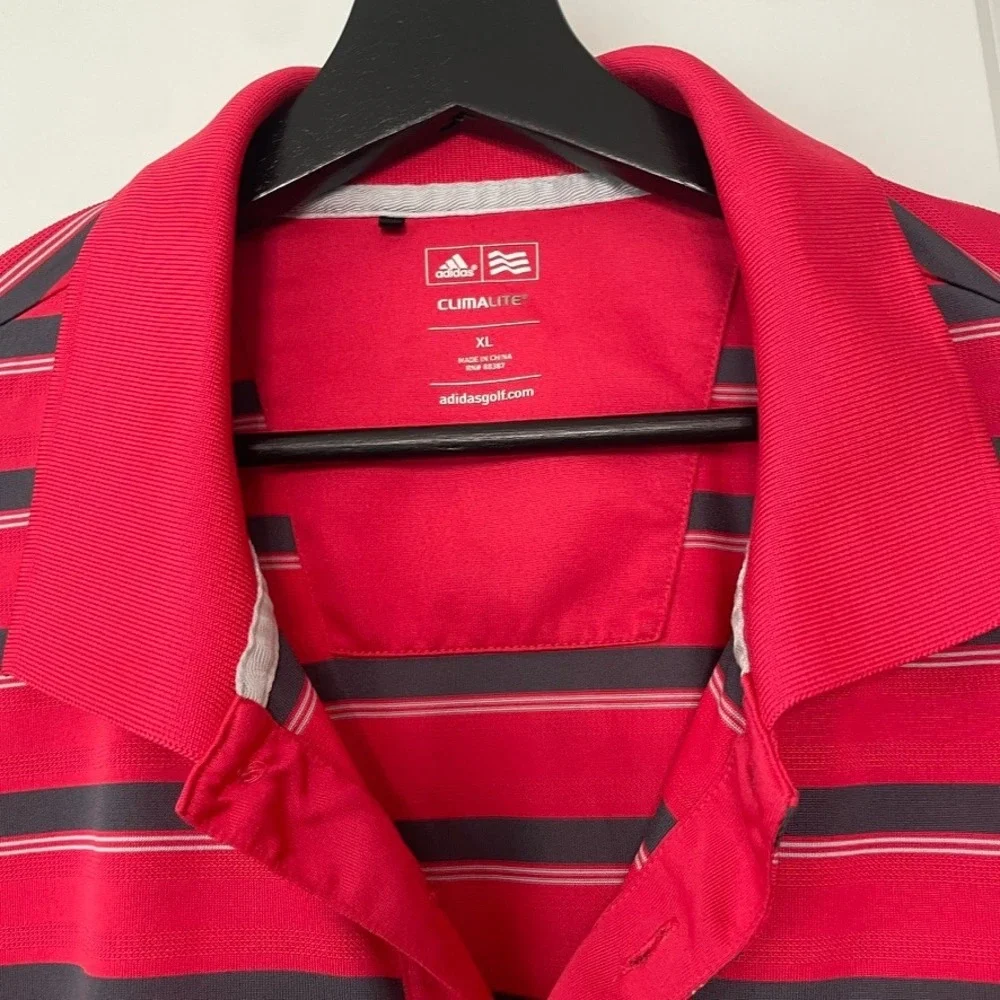 Adidas Men's Golf Climalite Polo Shirt Red Navy Blue Striped Short Sleeve XL